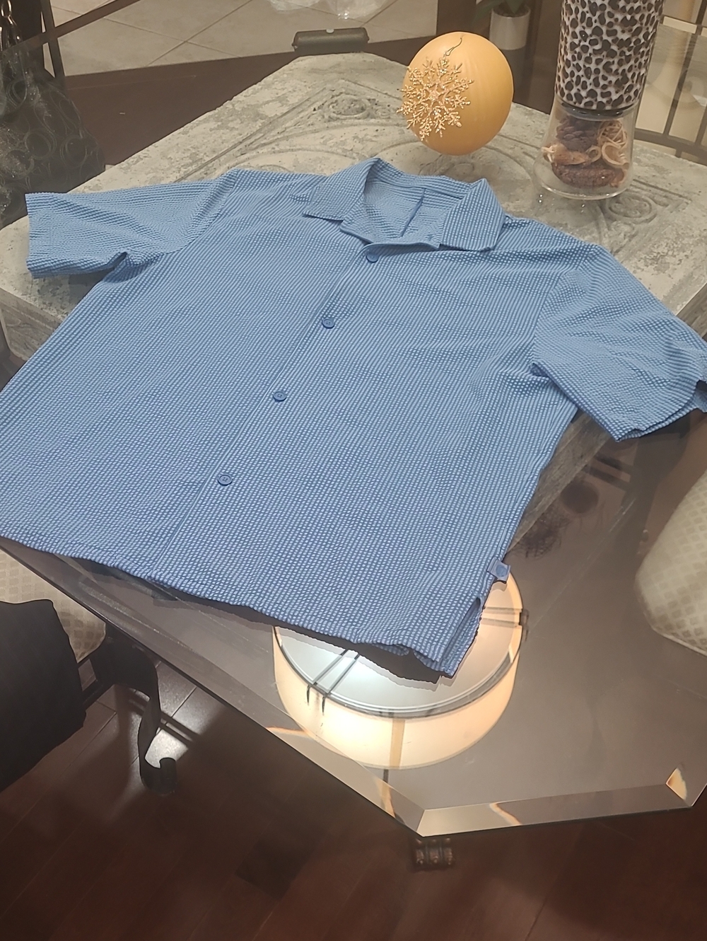 Lulu Lemon Athletica Camp Collar Textured Stripped Blue Shirt Large